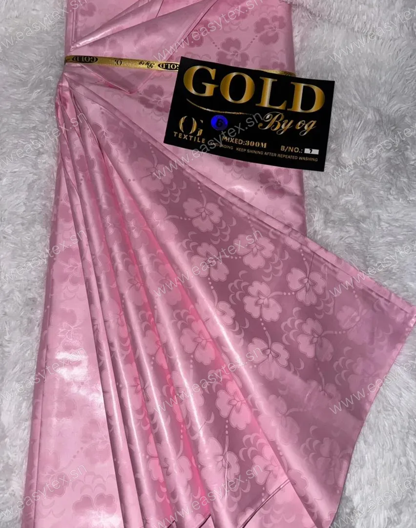 Bazin Riche Damassé Rose Candy aux Hibiscus
