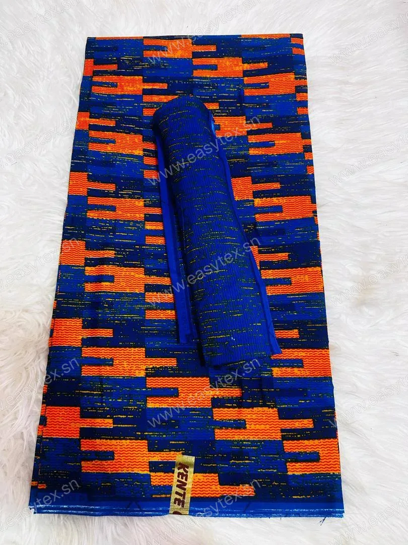 Super-Wax Kente Premium Bleu Électrique et Orange Vibrant