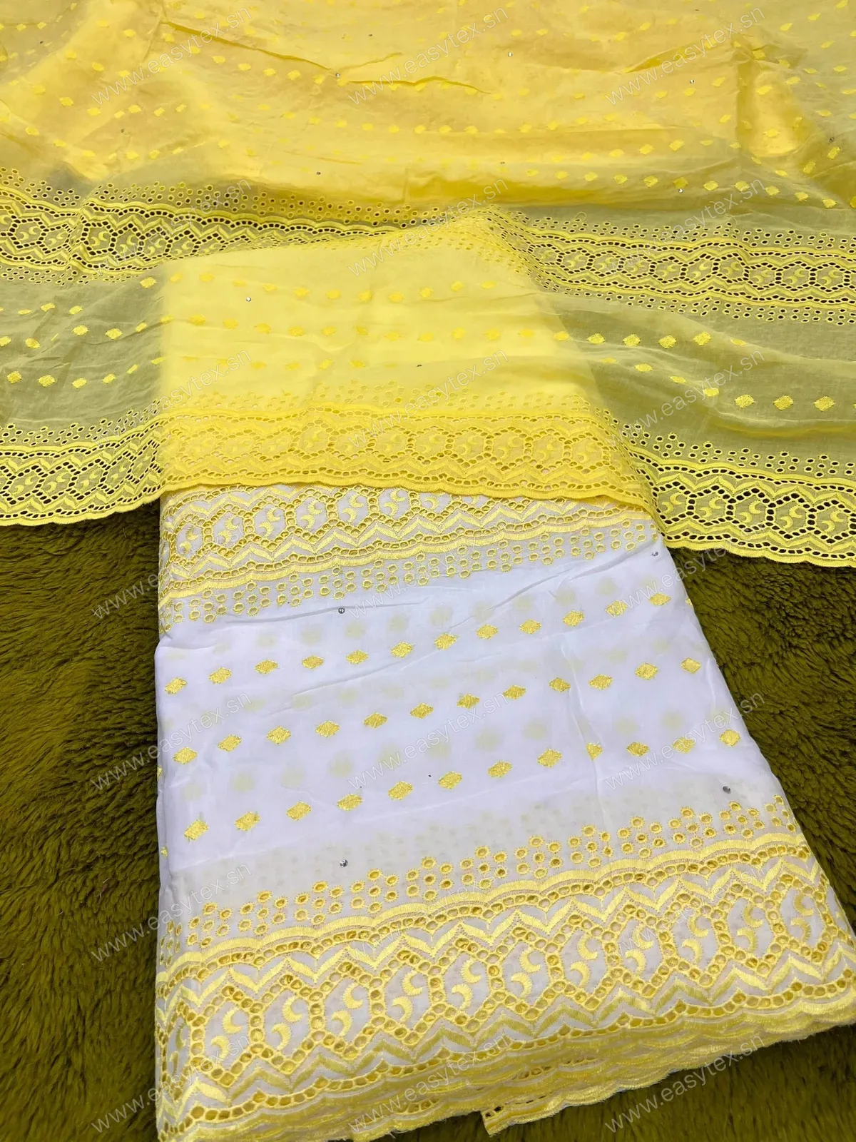 Bazin Brodé 2 Tons Voile Suisse Jaune Soleil et Blanc Pur